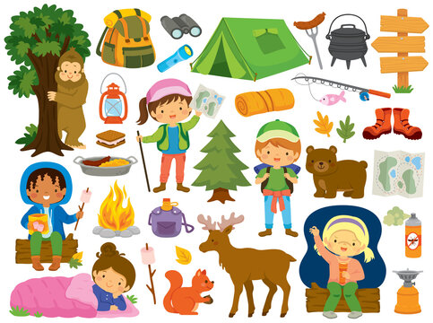 Camping clipart set. Summer camp items with kids, camping gear and animals.