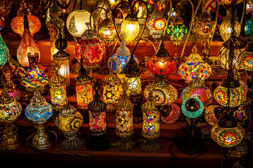 Multicolored background of lamps in Arabic style.