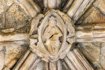 Engraving of Virgin Mary in the Royal Palace of the Monastery of Saint Mary of Carracedo, Spain