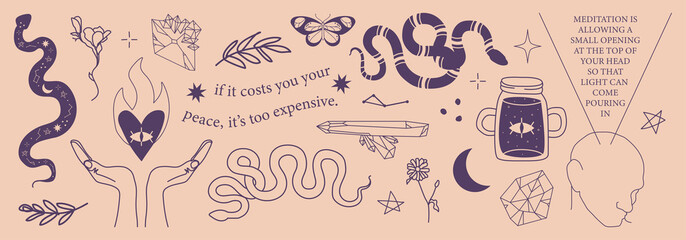 Set of hand drawn witchcraft items and mythical elements in boho, aztec style. Modern, trendy colors, minimalism art.