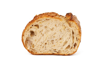 Closeup slice of fresh baked french baguette bread isolated at white background.