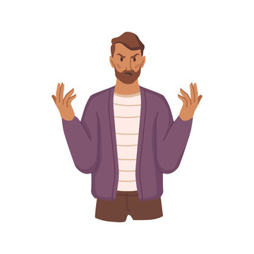 Annoyed and irritated male personage gesturing and frowning. Vector flat cartoon character expressing anger and wrath, negative emotions and feelings. Bearded man raising hands showing annoyance
