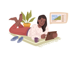 Fototapeta premium Female personage kid watching videos on smartphone or tablet. Vector flat cartoon character looking at travel landscape exploring world online in web. Modern technologies and gadgets