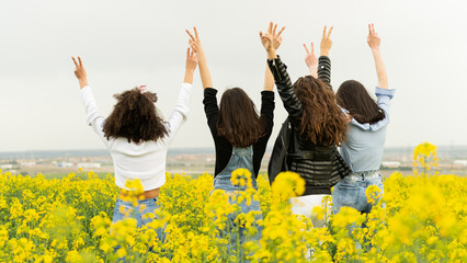 Teenage friends raise their arms to the sky in a field of yellow flowers
