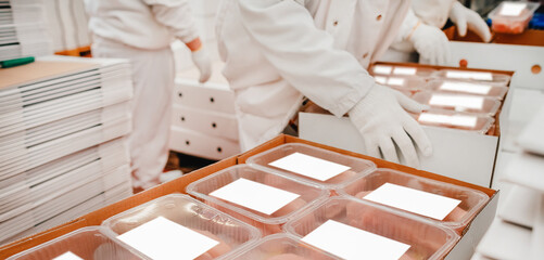 Automated production line in modern food factory.People working.Chicken fillet production line.Production process, packaging on the conveyor line of meat in boxes.Conveyor Belt Food.