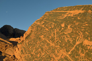 Closeup of the petroglyphs near Atlatl Rock, Valley of Fire State Park, Nevada, USA.