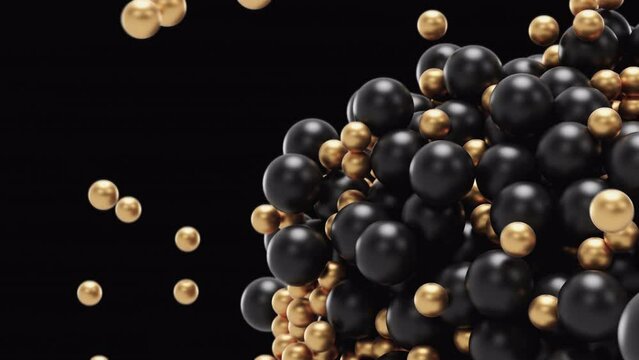Black and gold geometric 3D balls hit each other with a magnet in a pile in the form of a ball in the air