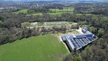Aerial image of the newly refurbished building holding the Burrell Collection. A large collection of art and antiques.