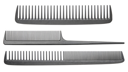 Comb for Hair. Professional barber comb for man or woman haircut. Hairdresser salon equipment. Three different hair cutting carbon comb. Premium hairdressing accessories, hairbrush. White background.