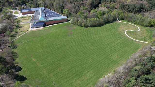 Aerial image of the newly refurbished building holding the Burrell Collection. A large collection of art and antiques.