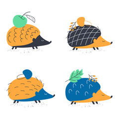 Naklejka premium Set cute orange-blue hedgehogs with a green leaf and berries, isolated on a white background. Vector illustration is great for fabric, textiles, prints, T-shirts