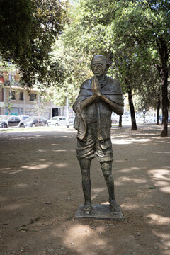BARCELLONA, SPAIN-APRIL 30, 2022: Bronze statue of Mahatma Gandhi in Barcelona
