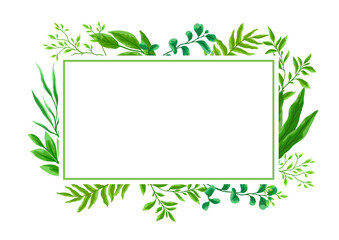 Card or background with branches and green leaves. Spring or summer stylized foliage.