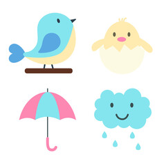 Set of spring elements. Blue bird, chick in egg, umbrella and smiling cloud with rain drops. Print for sticker pack, clothes, textile, seasonal design and decor. Illustration in pastel colors. 