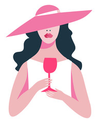 a young attractive woman with sensual lips wearing white dress and an elegant hat and holding a glass of wine - flat hand drawn vector illustration