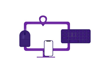 Smartphone, mouse, keyboard, label and monitor on a white background. Vector illustration.