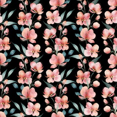 Seamless delicate pattern of watercolor flowers. On a black background - 502443156