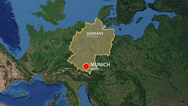 Designation of the borders of Germany on the map and the mark of the location of the city of Munich