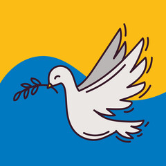 Obraz premium Dove of peace on the background of the Ukrainian flag. Ukraine and Russia military conflict.