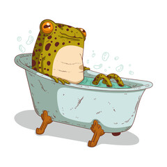 Taking a Bath, isolated vector illustration. A carefree anthropomorphic frog taking a bath with foam bubbles. Calm humanized toad enjoying relaxing Spa moments. An animal character with a human body.