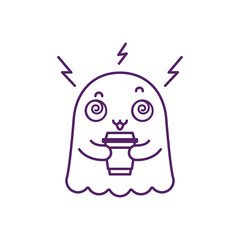 Cutie friendly ghost with a coffee cup isolated on white background