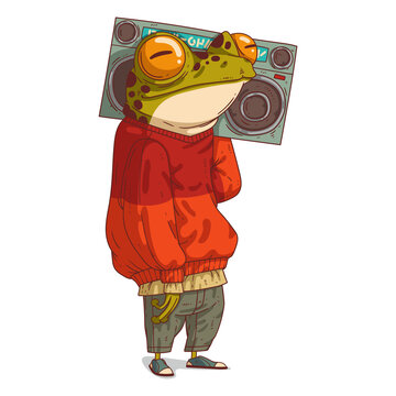 An Urban Guy, isolated vector illustration. Calm anthropomorphic frog wearing a street style outfit and holding a boombox on its shoulder. A humanized toad. An animal character with a human body.