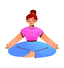 Relaxed woman with closed eyes practicing yoga. Girl makes morning yoga, relaxes at home or breathing exercises. Body positive and health care concept. Calm woman in lotus position  meditation
