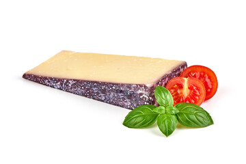 Traditional semi-hard merlot cheese, isolated on white background.