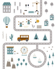 Road map city with a mill, houses, trees, a construction site, an amusement park. Kids vector illustration with an urban area plan. Idea of designing nursery, a board game, play mat. Baby print,