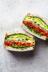 Vegetable sandwich in paper wrap. Vegan healthy food, takeaway food.