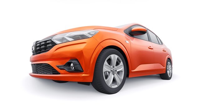 Paris. France. March 22, 2022. Dacia Logan 2021 is a cheap family European car also known under the Renault brand. A orange car model on a white background. 3d illustration