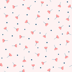 Cute seamless pattern with scattered flowers with stems and dots. Endless girly print. Simple vector illustration. - 502446146