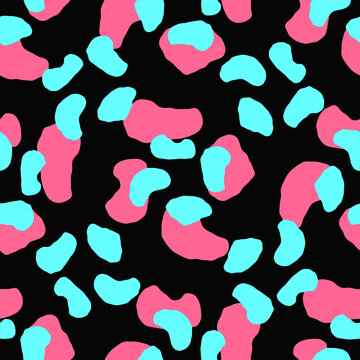 Seamless pattern with repeating bright abstract shapes on a dark background. Simple vector illustration.