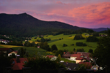 Beautiful sunset at mount Osser near the small town Lam, Bavaria.
