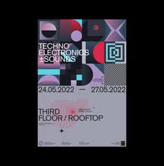 Abstract Techno Rave Poster Graphics Design With Helvetica Typography Aesthetics And Geometric Pattern - 502446515