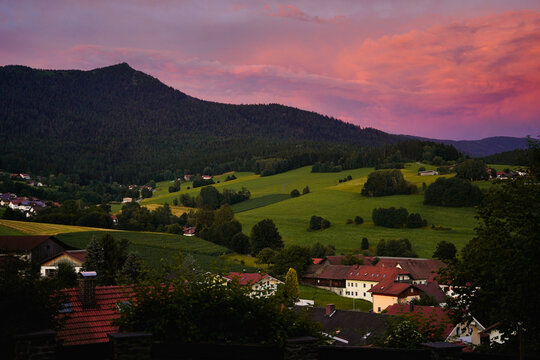 Beautiful sunset at mount Osser near the small town Lam, Bavaria.