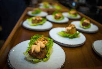 I LOVE FOOD SERIES. Gourmet appetizers with ingredients such as pumpkin cream, croutons, forest mushrooms,  beef skewers, shrimp grilled,  and croquettes. Perfect for a toast or a black tie party.