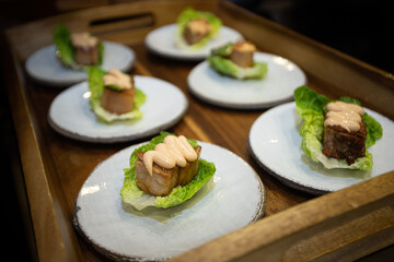 I LOVE FOOD SERIES. Gourmet appetizers with ingredients such as pumpkin cream, croutons, forest mushrooms,  beef skewers, shrimp grilled,  and croquettes. Perfect for a toast or a black tie party.