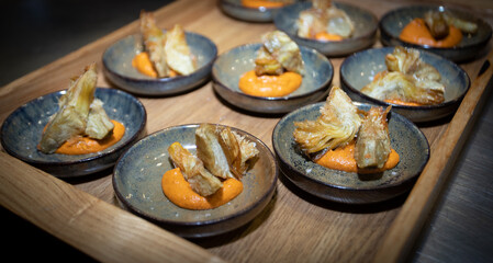 I LOVE FOOD SERIES. Gourmet appetizers with ingredients such as pumpkin cream, croutons, forest mushrooms,  beef skewers, shrimp grilled,  and croquettes. Perfect for a toast or a black tie party.