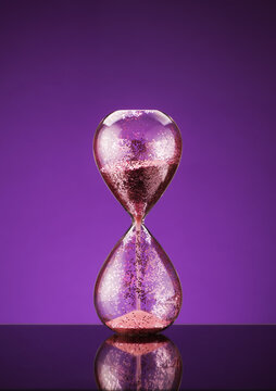 hourglass with pink sparkling sequins on a purple background. concept