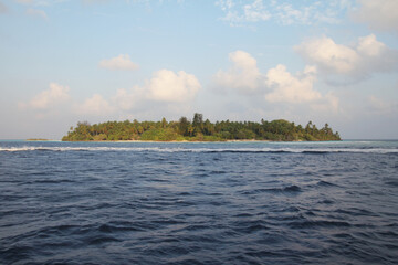 Maldives. Indian Ocean. Blue sky, Blue turquoise ocean. Jungle island with coconut palms.