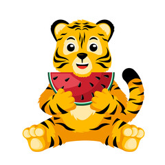 Cute little Tiger character eat watermelon isolated. Happy cub cartoon striped tiger with food.