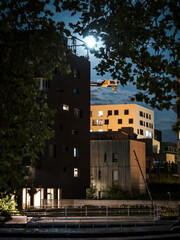 Night photos of illuminated new beautiful buildings of Strasbourg