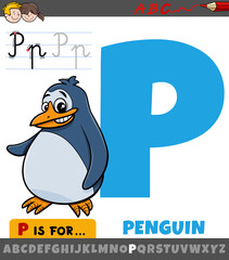 letter P from alphabet with cartoon penguin animal character