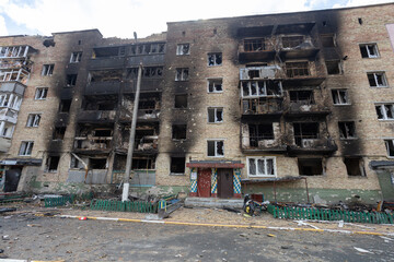 War of Russia against Ukraine. Burnt-out multi-storey building after shelling