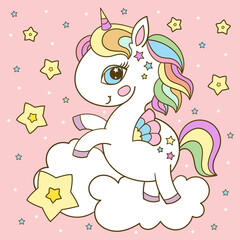 Cartoon baby unicorn with rainbow mane. on a cloud with stars. Cute fantasy animal. For children's design of prints, posters, stickers, postcards, cards, etc. Vector