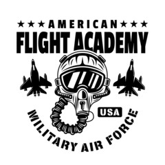 Flight academy vector emblem, badge, label, logo or t-shirt print with pilot helmet in monochrome vintage style isolated on white background © Flat_Enot