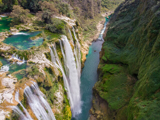 Aerial view of Beautiful Fascinating Tamul Waterfall with turquoise water in San Luis Potosi, Mexico