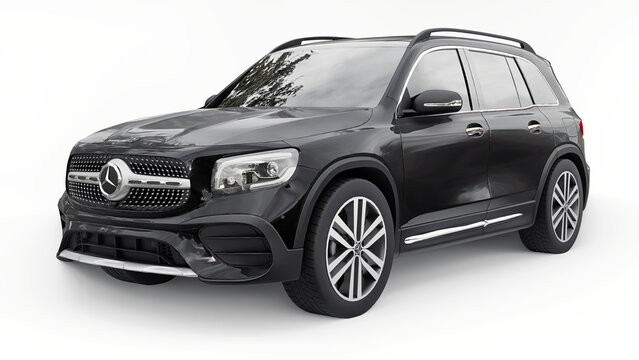 Paris, France. July 6, 2021: Mercedes-Benz GLB 2020 black compact luxury suv car isolated on white background. 3d rendering.