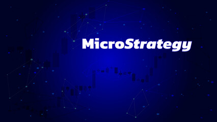 Banner MicroStrategy Incorporated with chart candles on dark blue background. Company that buys bitcoins and other digital coins and pushes market up.